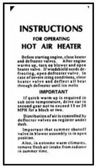 Picture of Heater Instruction Tag, 1940, DF1222