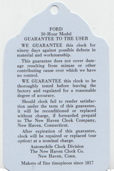 Picture of Clock Warranty Tag, 1937-1948, DF11